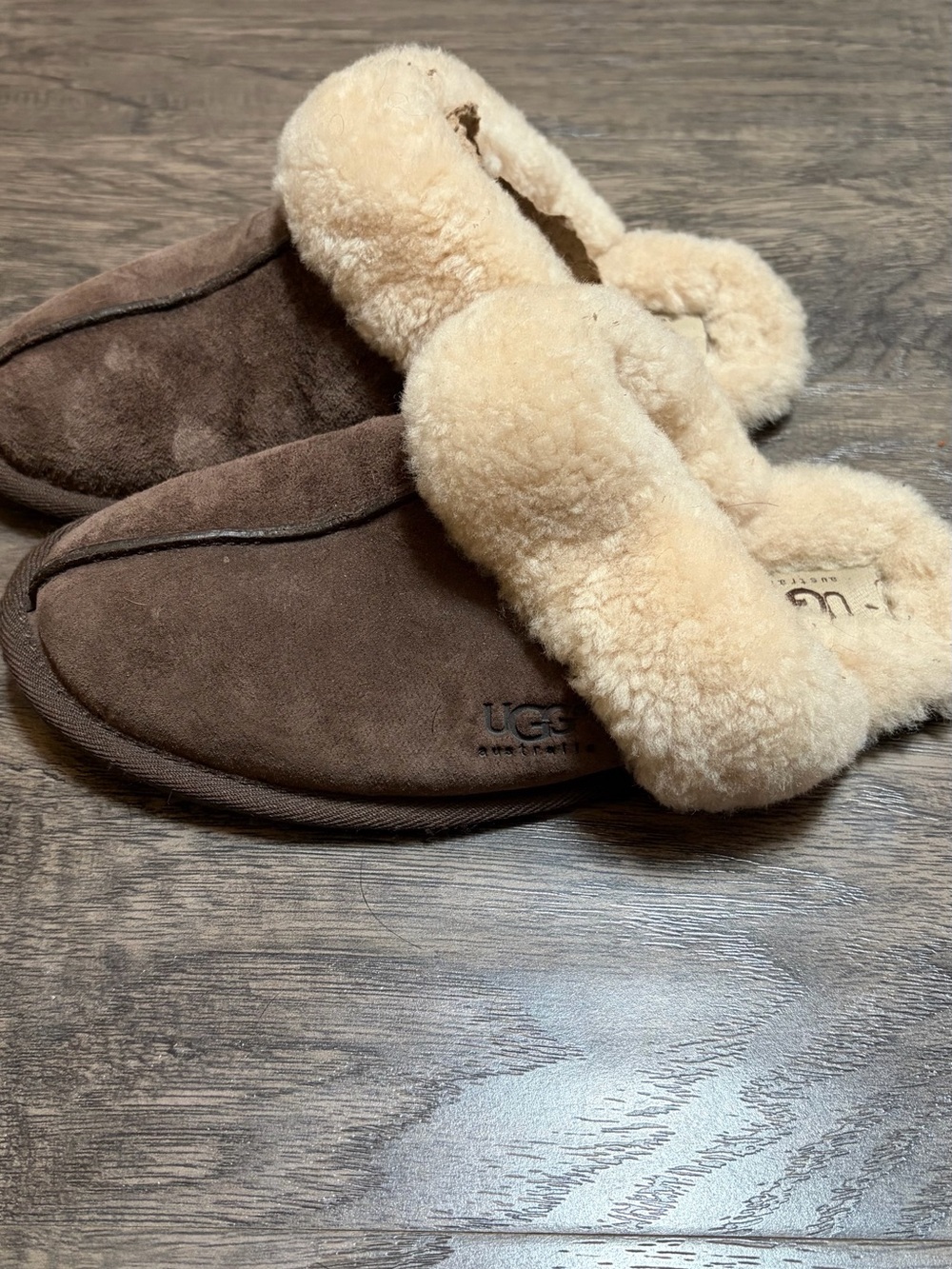 UGG Brown Suede Shearling Backless Slippers with Cream Collar